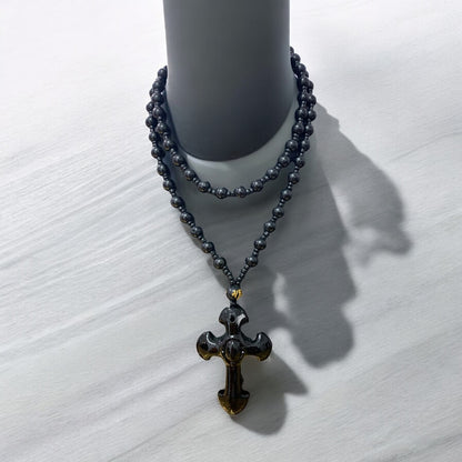 Black Agate Onyx Cross with Beaded Necklace