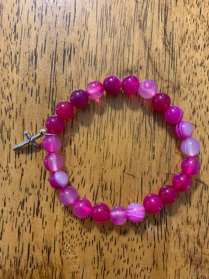 Handmade Hot Pink Agate with Silver Cross Natural Stone Bracelet