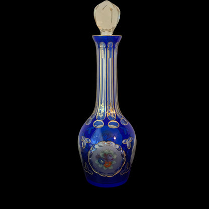 Vintage Bohemian Hand Painted Cut Glass Decanter, Cobalt with Floral Decoration, Antique Collection (Set of 2)