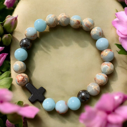 Handmade Light Blue Agate Natural Stone Bracelet with Cross