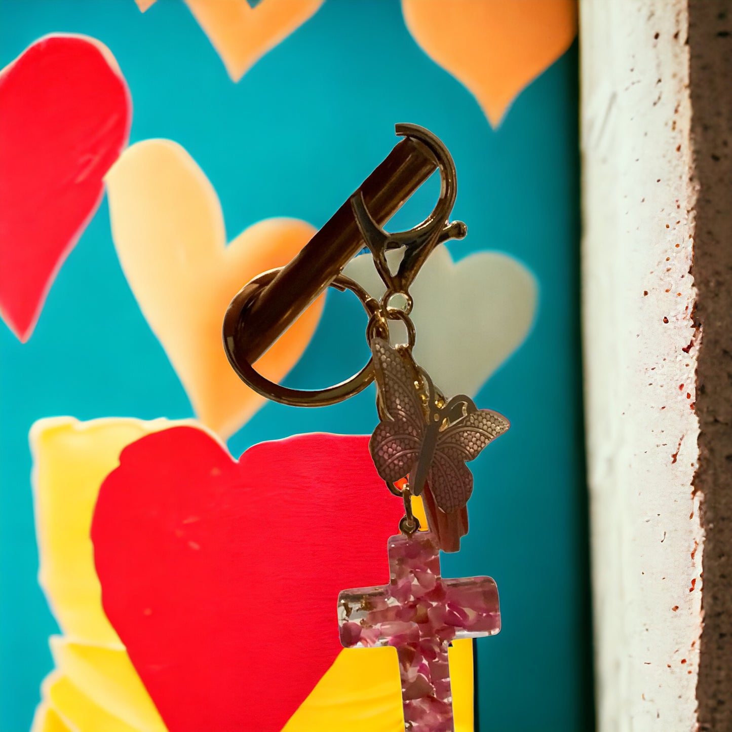 Acrylic Cross and Butterfly, Pink Keychain