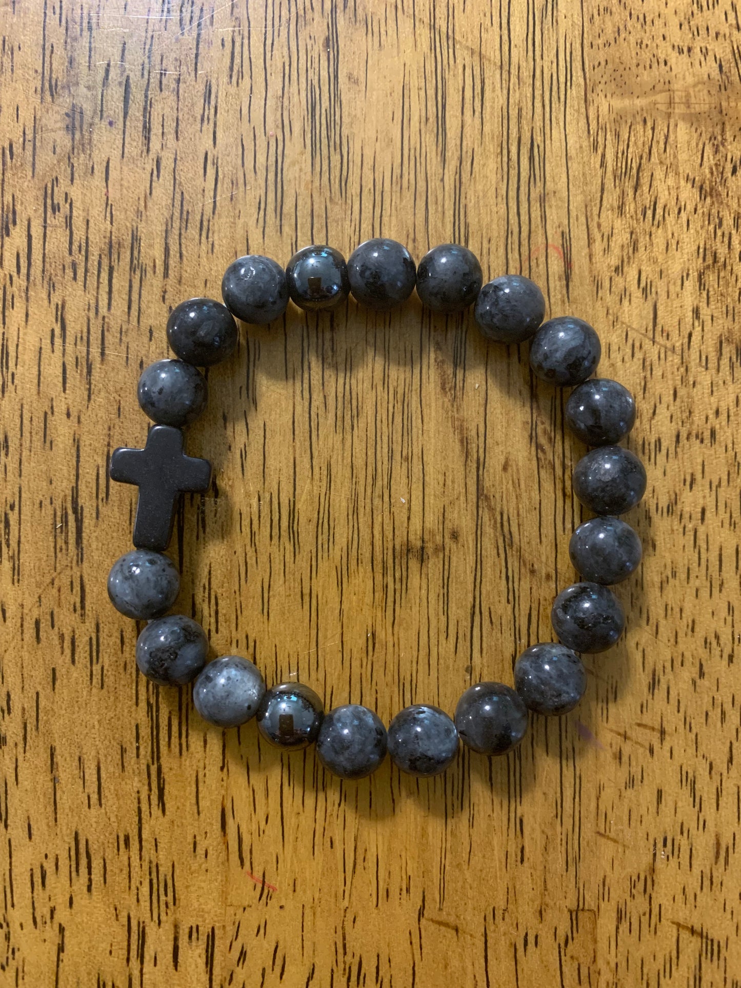 Handmade Black Agate and Hematite with Cross Natural Stone Bracelet