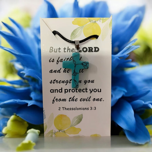 Natural Stone Cross Turquoise (Ocean Blue) with Black Cord in Stainless Steel