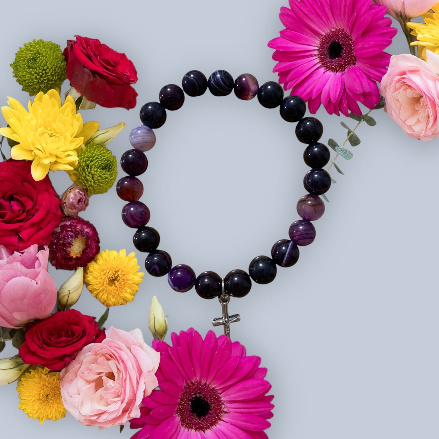 Handmade Amethyst with Silver Cross Natural Stone Bracelet