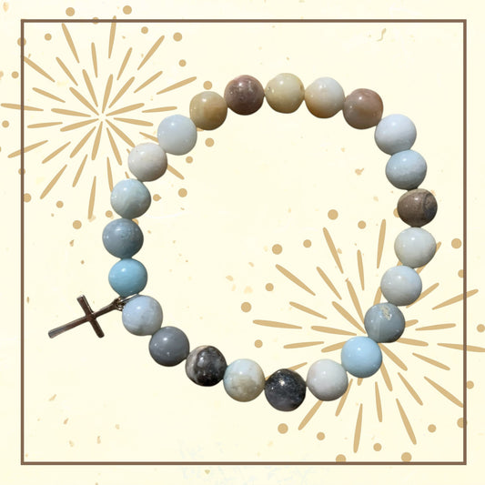 Handmade Light Blue Agate Natural Stone Bracelet with Silver Cross