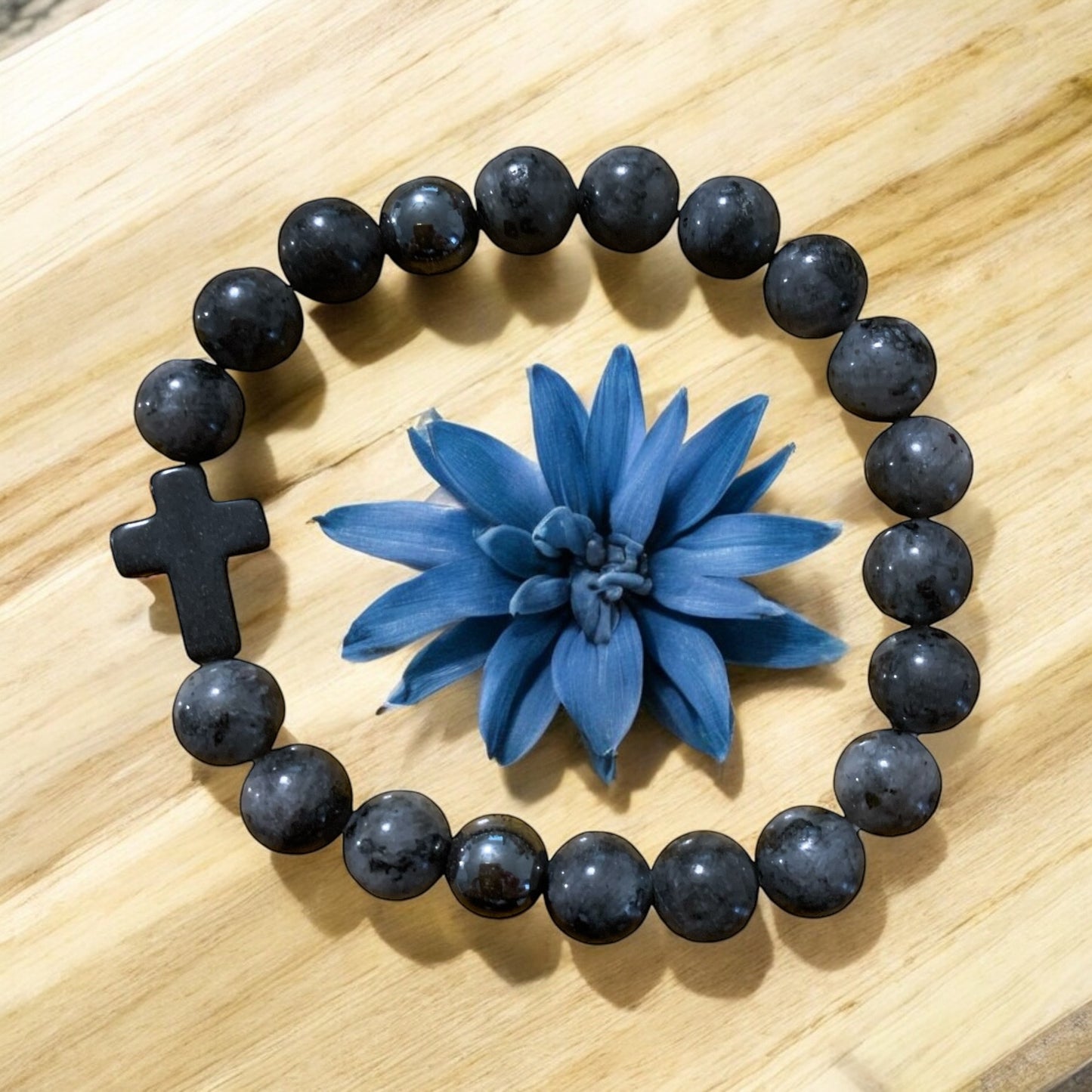 Handmade Black Agate and Hematite with Cross Natural Stone Bracelet