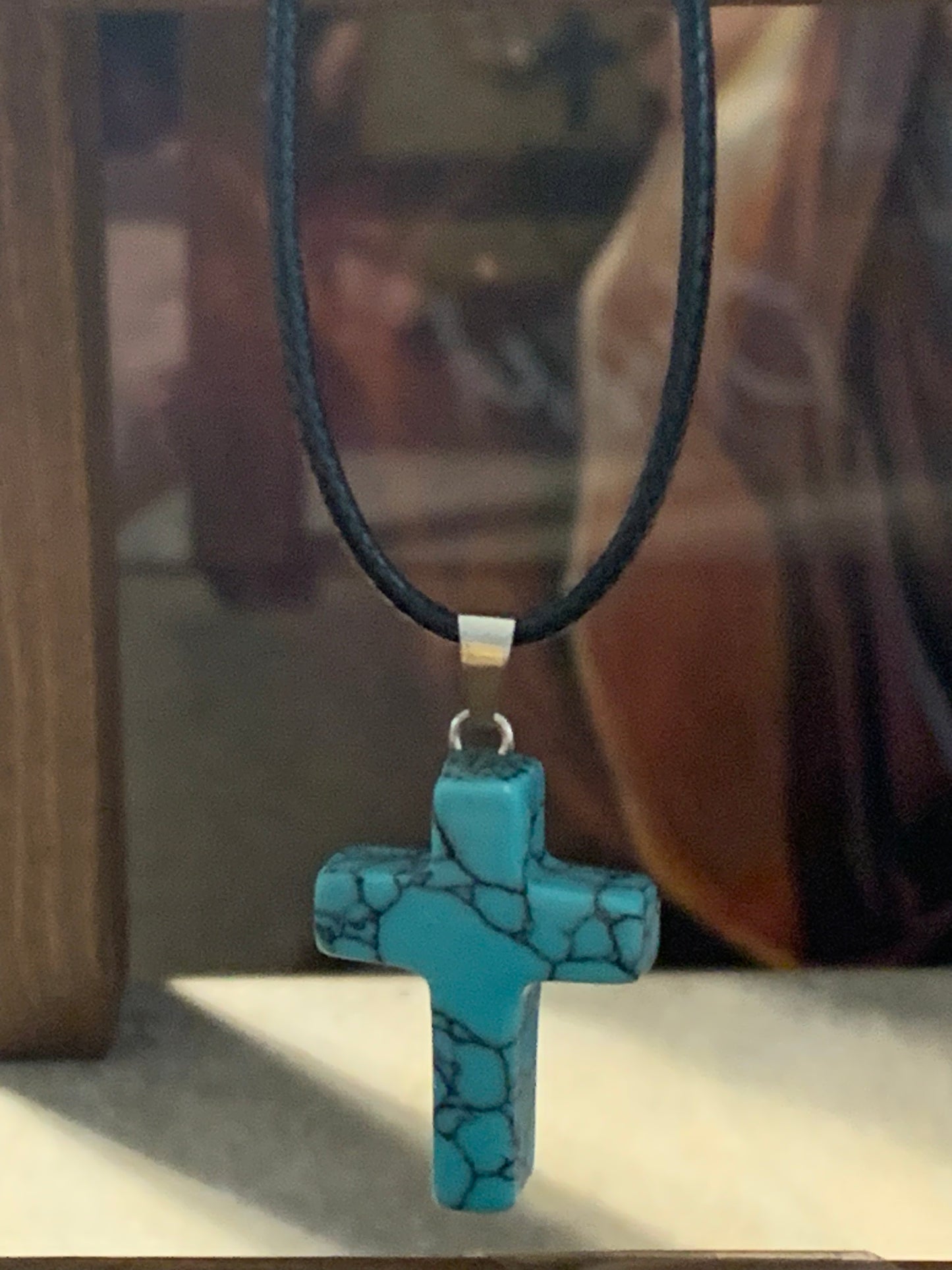 Natural Stone Cross Turquoise (Ocean Blue) with Black Cord in Stainless Steel