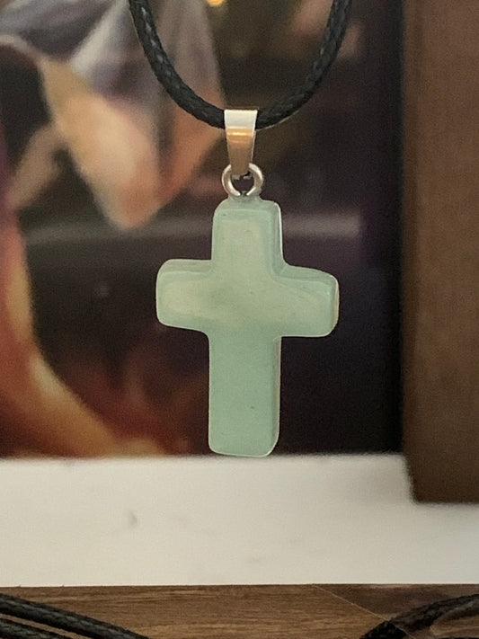 Natural Stone Cross Green Adventurine (light green) with Black Cord in Stainless Steel