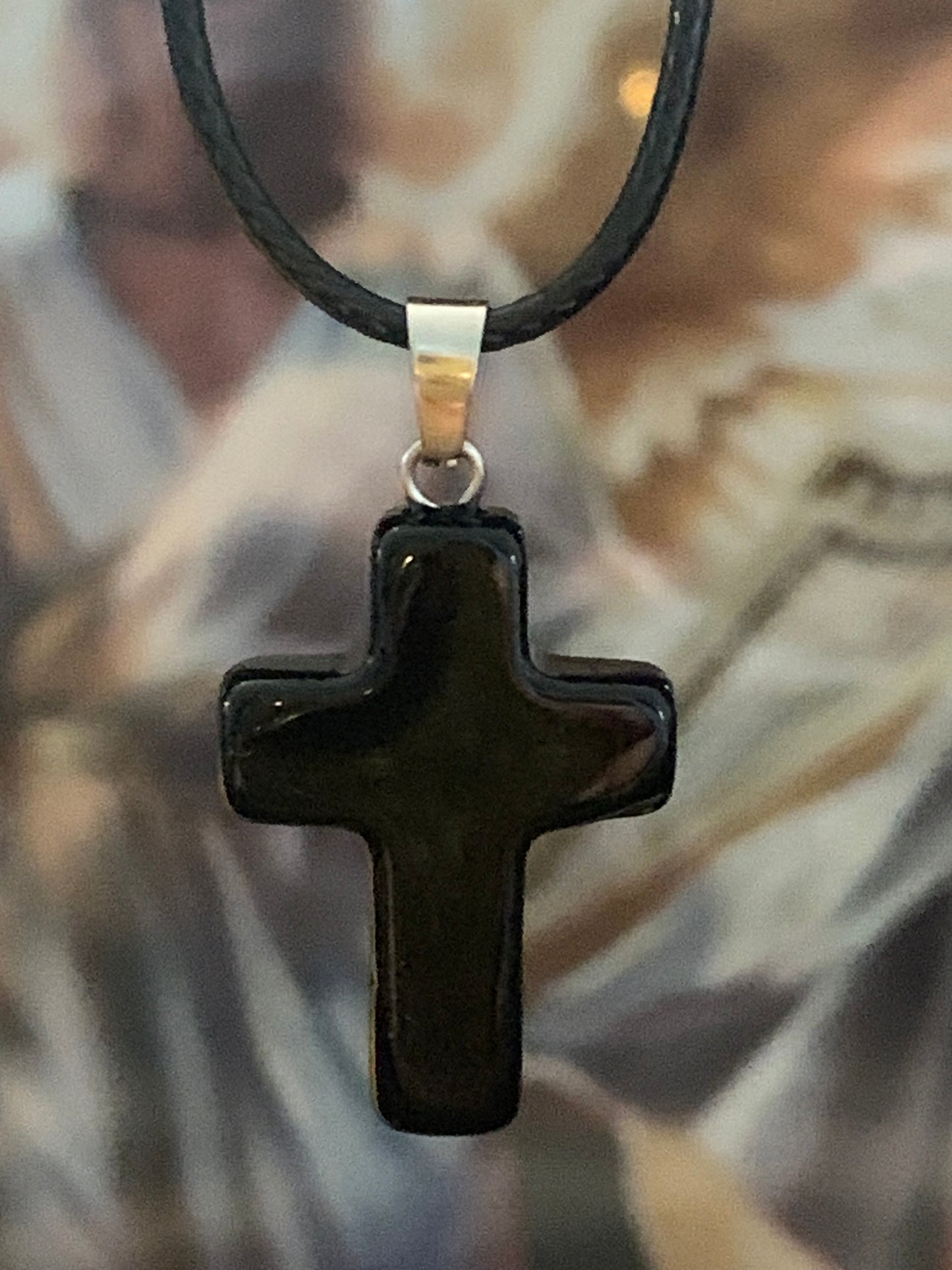 Natural Stone Cross Obsidian (Black) with Black Cord in Stainless Steel