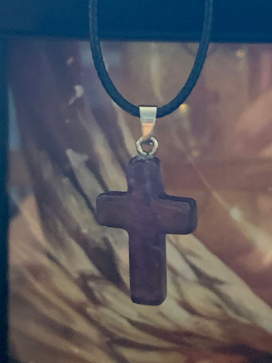 Natural Stone Cross Amethyst (purple) with Black Cord in Stainless Steel