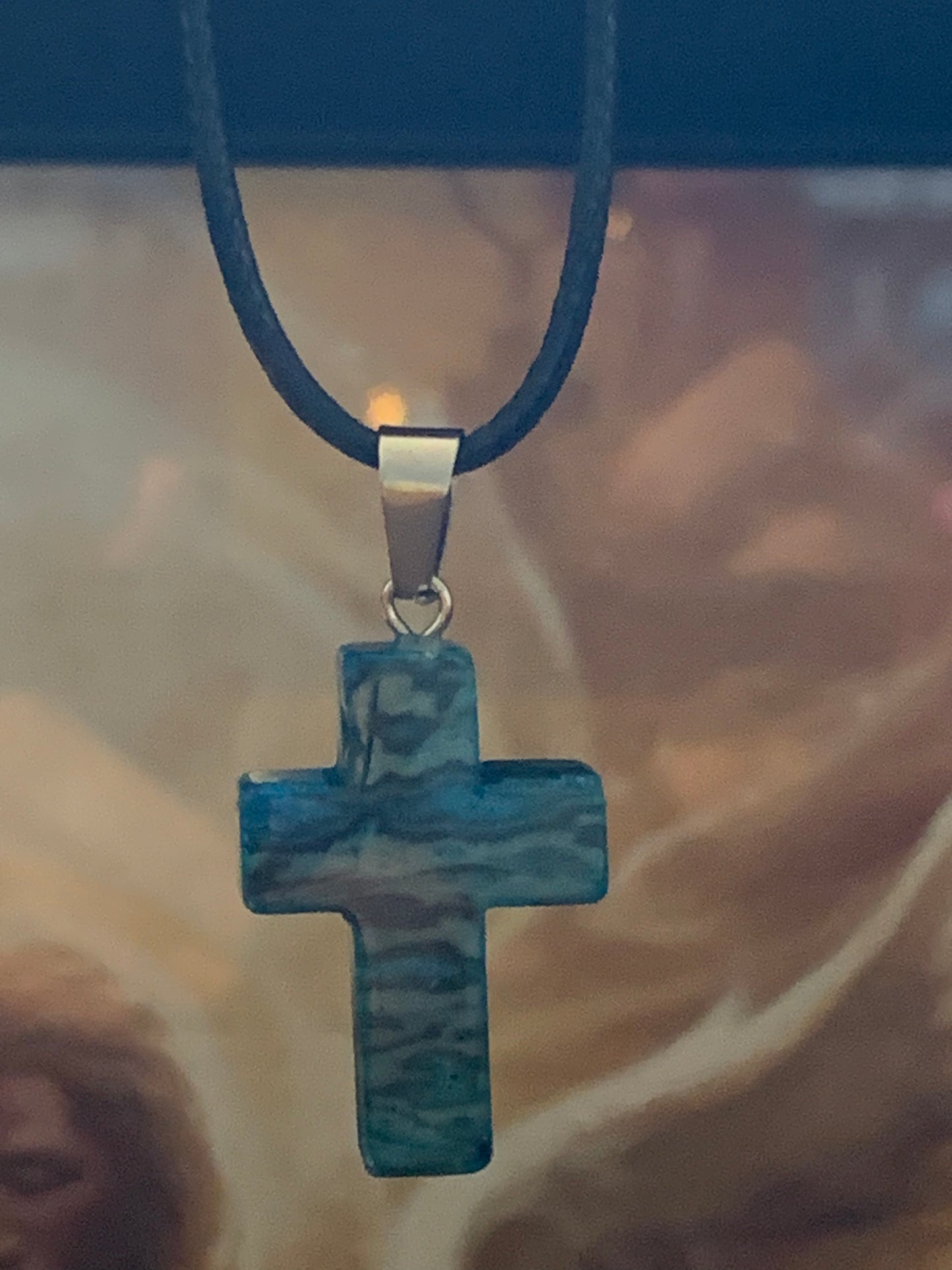 Natural Stone Cross Blue Agate (deep blue) with Black Cord in Stainless Steel