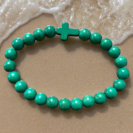 Semiprecious green turquoise natural stone bracelet with cross