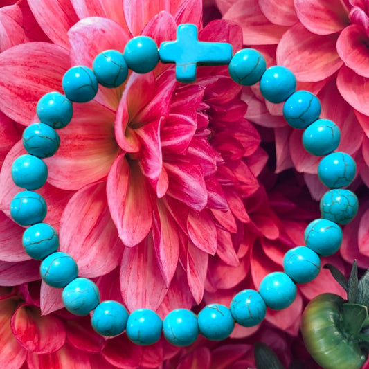 Semiprecious natural turquoise stone bracelet with cross