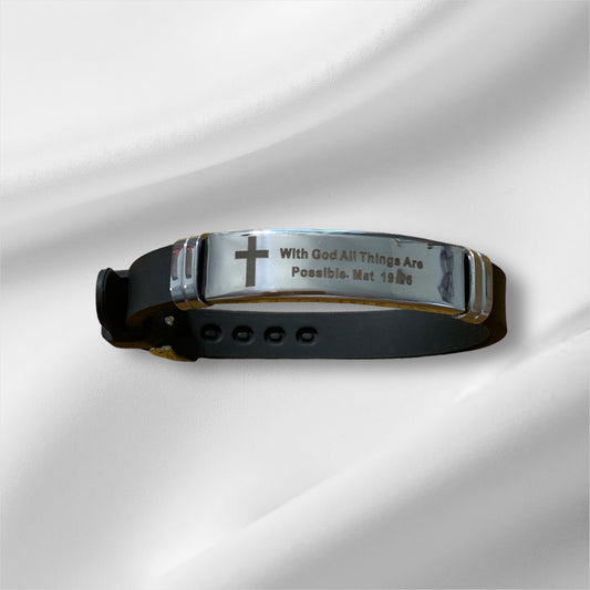 With God All (Silver) Stainless Steel Black Bracelet