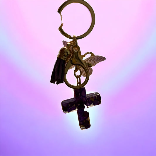 Acrylic Cross and Butterfly, Purple Keychain