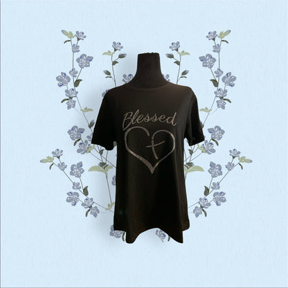 Blessed Heart Rhinestone Black T Shirt