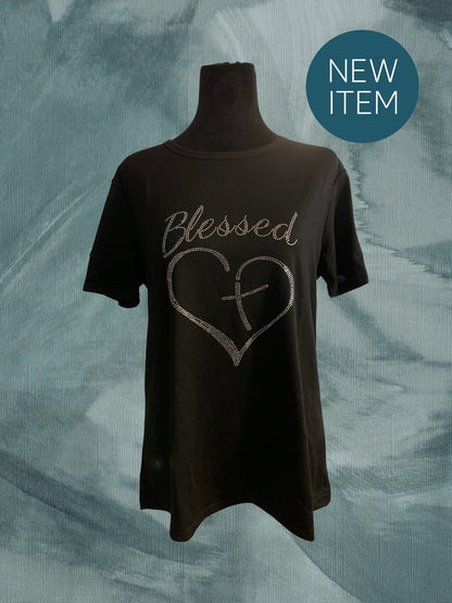 Blessed Heart Rhinestone Black T Shirt